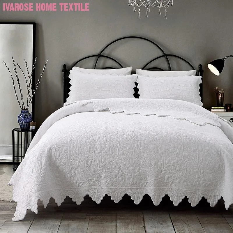 

100% Cotton Quilted Stitched Elegant set with Decorative Pillow Shams 3Pcs White Soft Bedspread Bed Coverlet Set