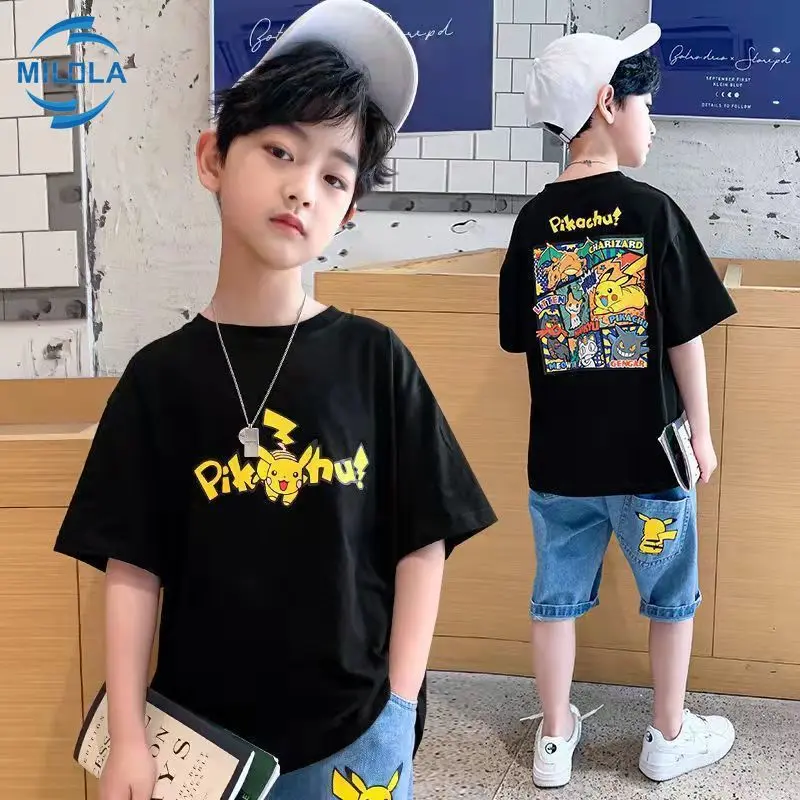 Pokemon Pikachu Children T-Shirts Summer Boys Gilrs Fashion Outdoor Cartoon Printing Comfortable T Shirts for 3-14Years Kids