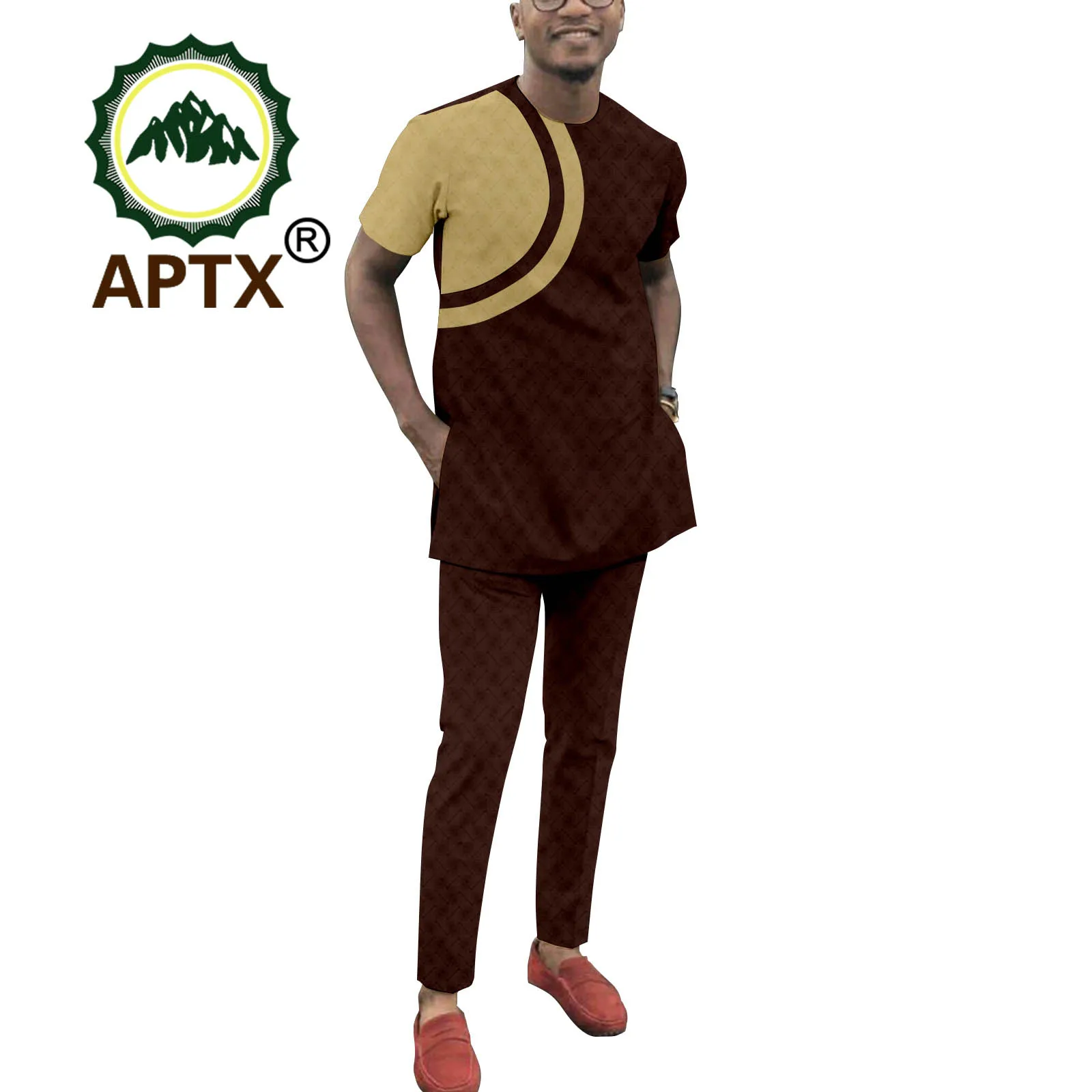 African Men's Shirt and Pants 2 Piece Splice Short Sleeve Round Neck Men's Fashion Casual Dashiki Sportswear Men's Spor A2216084