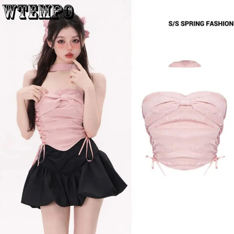 

Pink Wrap Chest Vest Sweet Bow Pleated Strap Slim Sexy Hottie Women's Short Top Korean Fashion Y2K Street Style Summer Wholesale