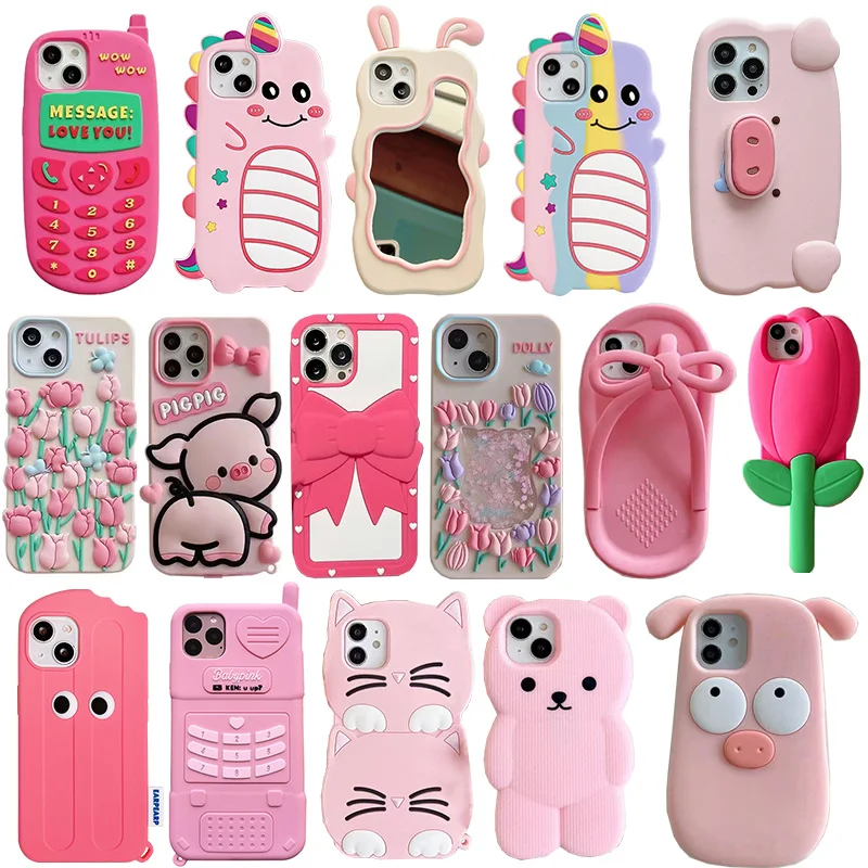 

For iPhone 14 SE 3D Pink Cartoon Animal Silicone Cover For iPhone 13 12 11 14 Pro XS Max 7 8 6 Plus XR X Phone Case Fundas Coque