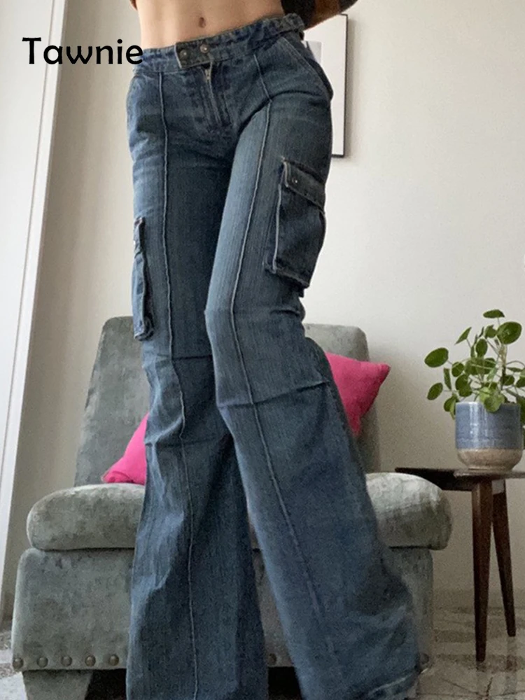 

Женские винтажные джинсы-карго Gitana, Осенние широкие брюки-багги с высокой талией, повседневные брюки с широкими штанинами, одежда для улицы,...