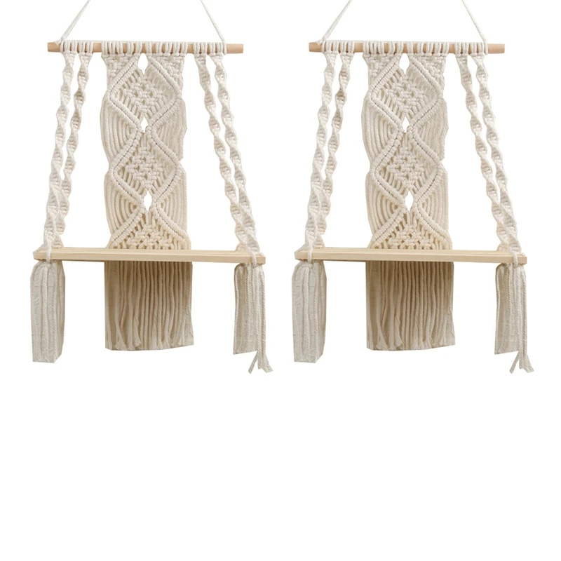 

2X Boho Macrame Wall Hanging Shelf Handmade Woven Tassel Tapestry Rack Wood Floating Storage Hanger For Home Wall Decor