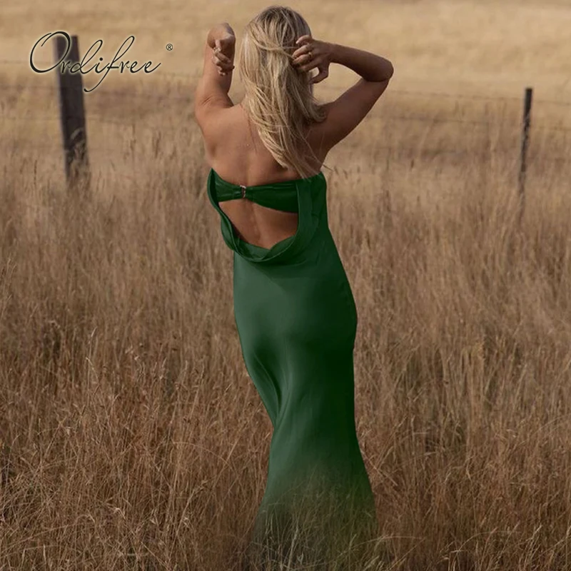 Женское атласное платье без рукавов Ordifree синее Зеленое Шелковое длинное