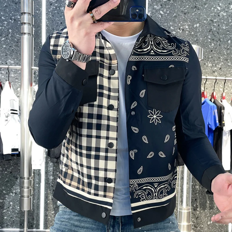 

2023 Spring Lapel New Tile Lattice Patchwork Vintage Bomber Jacket Japanese Streetwear Club Outfit Men Front Pocket
