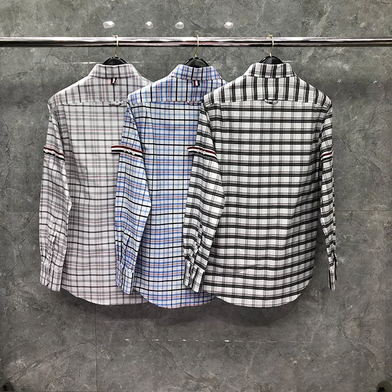 TB Man's Shirts Check Stripe New Shirts Men Slim Plaid Shirt Striped Oxford Cotton Spring Fit Long Sleeve Casual Men's Clothing
