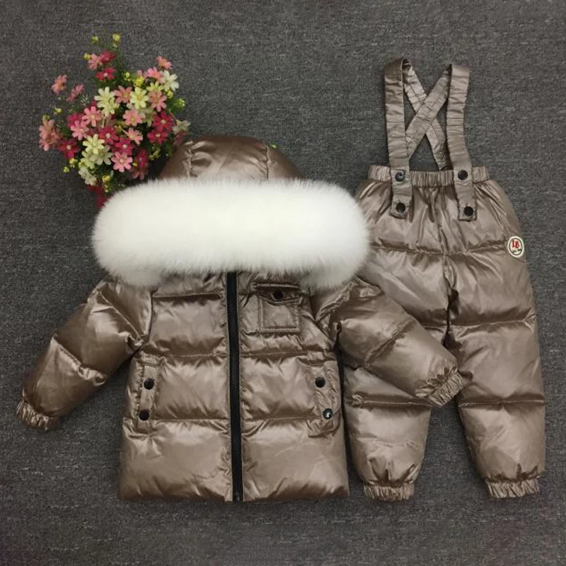 

White Fur Down Warm Boys Sets Hoodie Baby Girls Clothing Sets Winter Children Snow Suits Jacket Pants Kids Ski Costumes Clothes