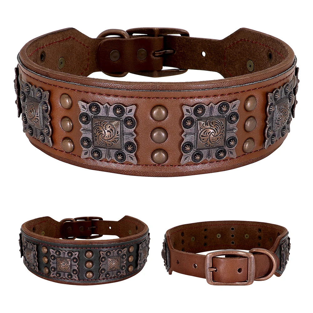 Luxury Genuine Leather Dog Collar for Big Dogs Wide Real Leather Dog Collars for Medium Large Dogs Pitbull German Shepherd