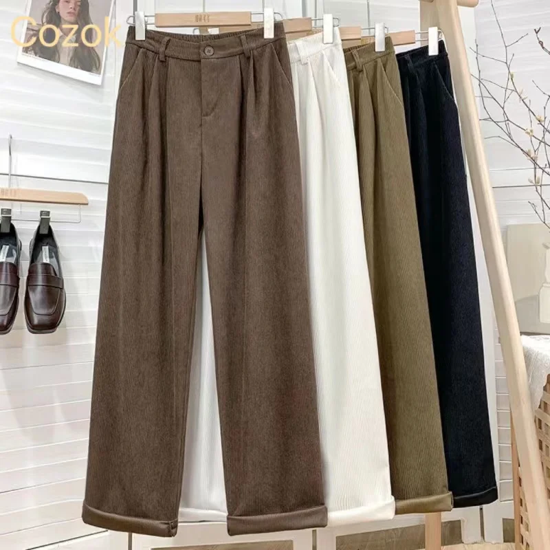 

ZK007-2023 New Women's Striped Corduroy High Waist Pants Straight Fashion Casual Full Length Retro Coffee Pocket All-Match Pants