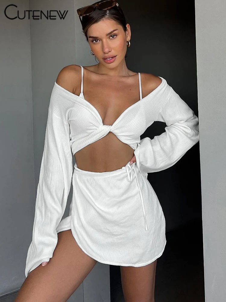 

Cutenew Casual Solid White Women Dress Suits Female Sexy V-Neck Ruched Bow-knot Trumpet Sleeve Crop Tops+ Slim Lace-up Hip Skirt