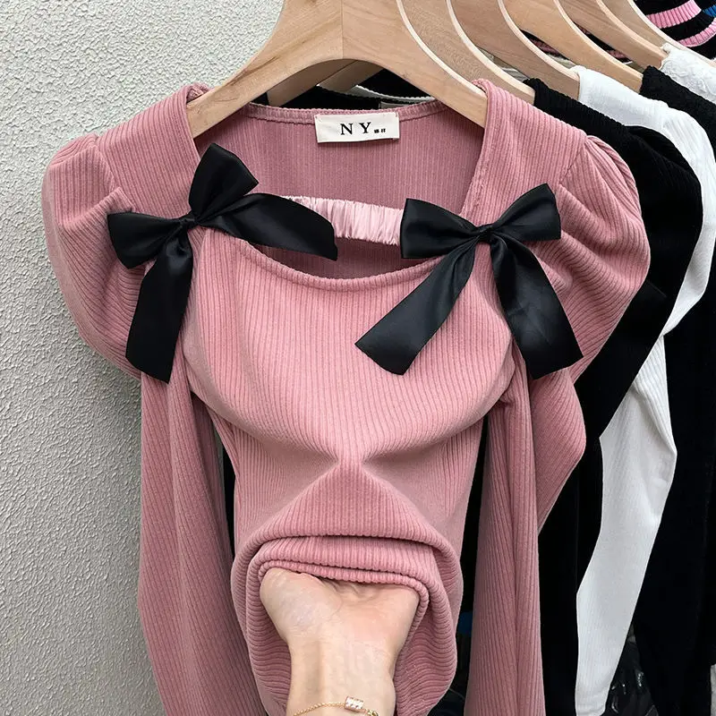 

Футболка с квадратным воротником, трикотажный кроп-топ, весна-осень-зима, рубашки с бантом, эластичные футболки, базовые пуловеры, милый топ ...