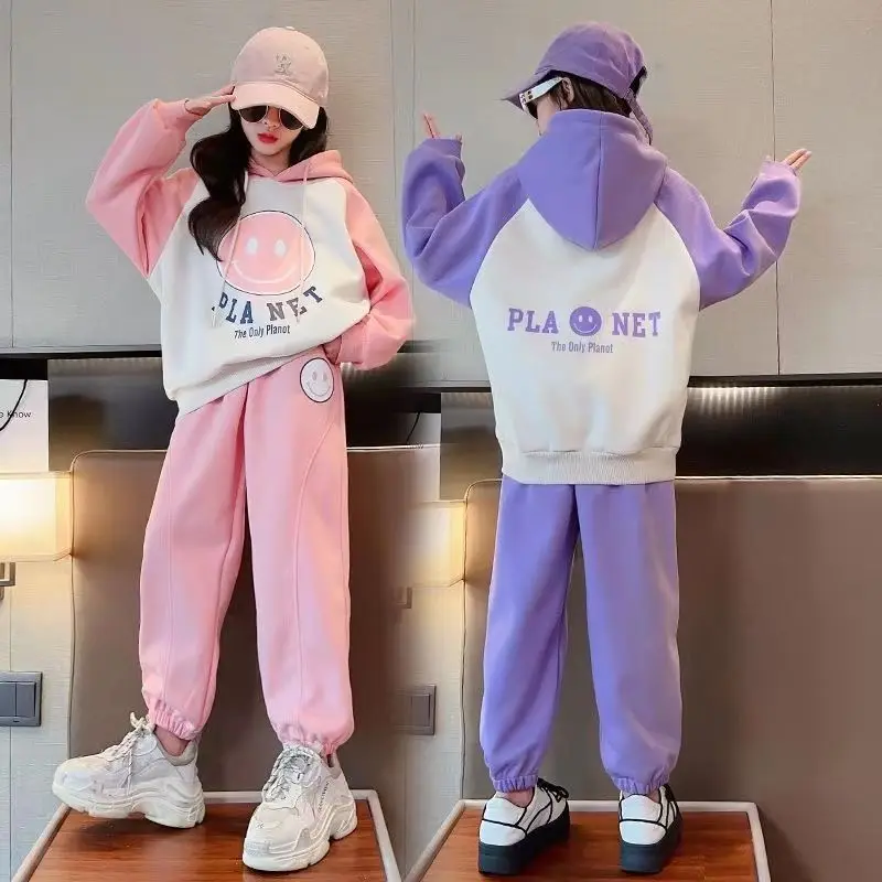 

Girls Sports Sets 2023 Spring and Autumn Children's Hooded Letter Smiling Face Sweater+Pants Two Piece Suit Teen Kids Loungewear