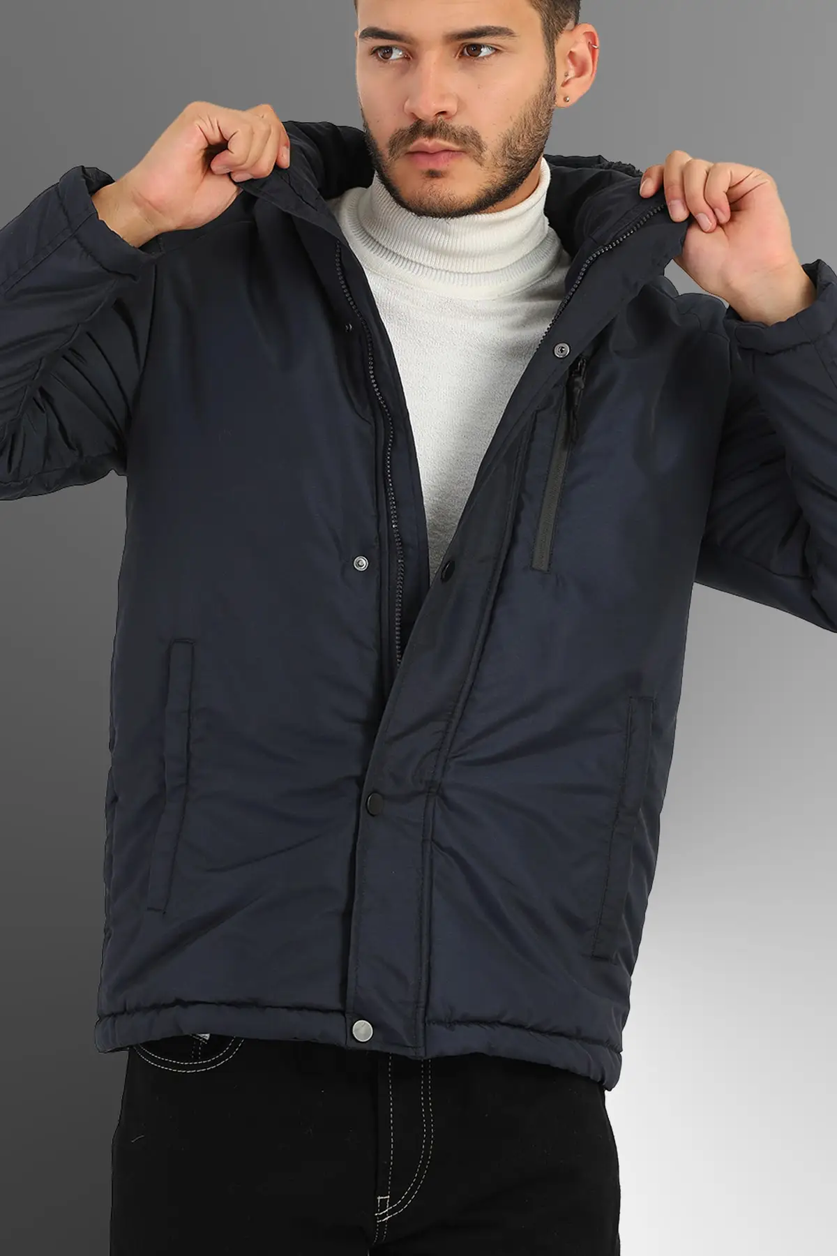 Men's Fleece Lined Detachable Hooded Waterproof Navy Blue Coat