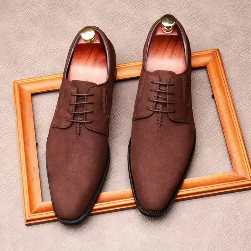 

Fashion Lace Up Suede Shoes Pointed Toe Business Dress Shoes Genuine Leather Men Brogue Oxfords Formal Wedding Party Shoes