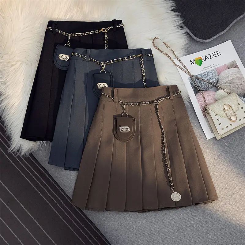 

New 2022 Autumn Winter Women Leather Skirt Mini Preppy Style Solid Color High Waist Pleated Skirt A Line Skirts Womens T535
