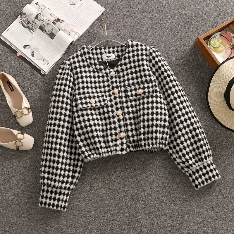 

French Vintage Houndstooth Tweed Jacket Coat Women Spring Autumn Casual Streetwear Short Coat Femme Plaid Outwear Chaqueta Mujer