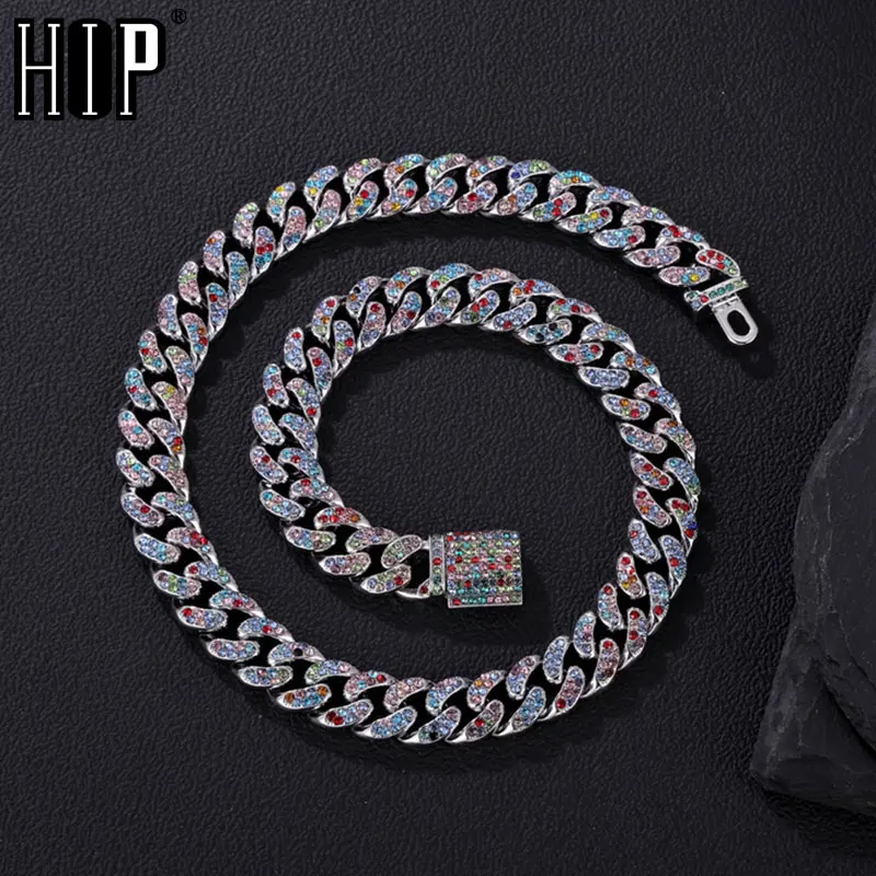 

13MM Cuban Link Chain 2Row Iced Out Mixed Color Rhinestones Rapper Necklaces Bracelet For Men Women Choker Jewelry