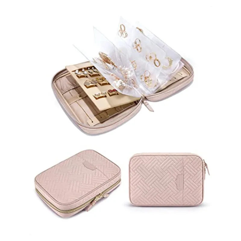 Multi-layer Jewelry Travel Organizer Black Pink Storage Box with Clear Booklet Zipper Pouch Bag Fabric Jewelry Packaging Holder