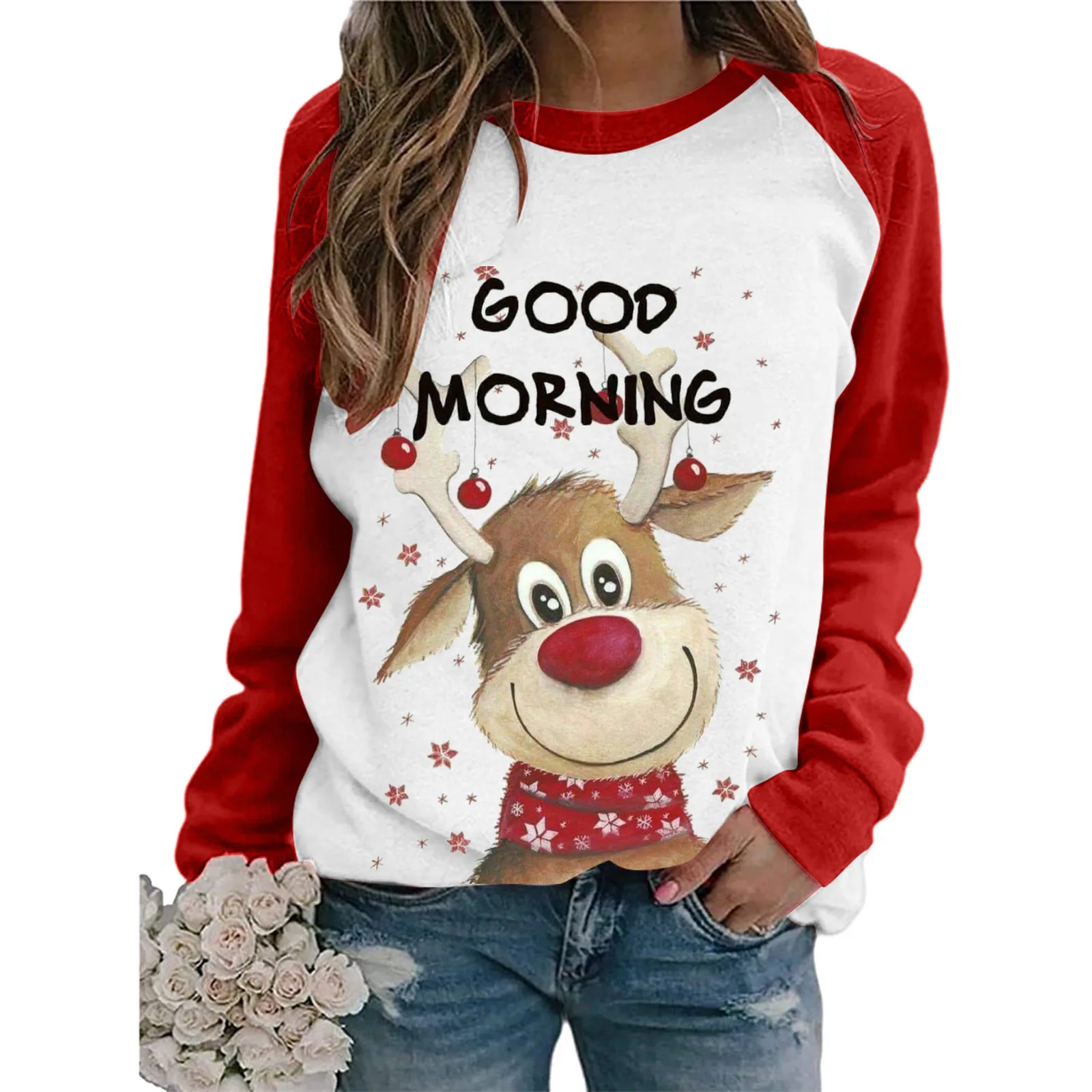 

Sleeve Printing Shirts Blouse Casual Women Raglan Tops Long Christmas Women's Blouse