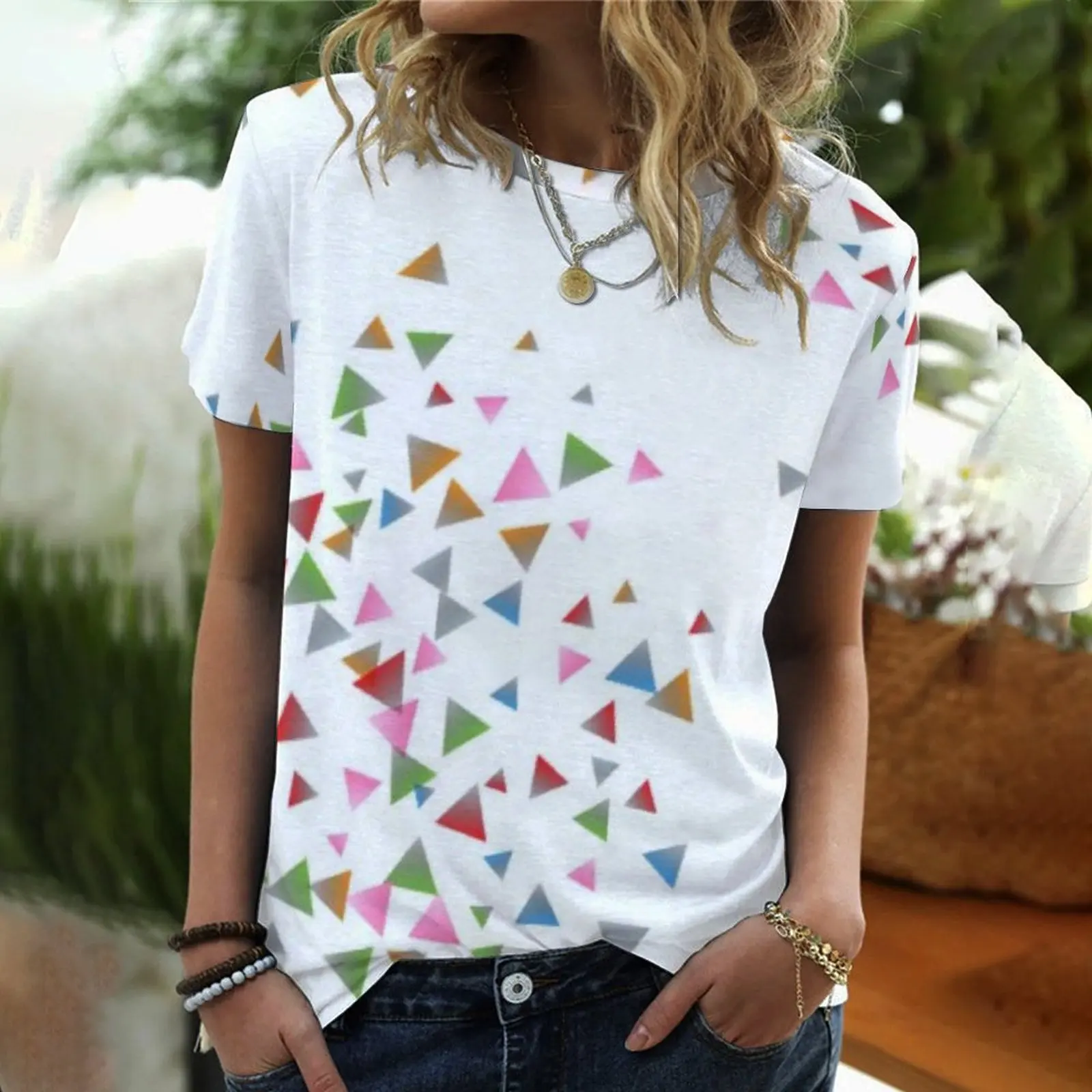 

2022 European and American foreign trade summer new geometric pattern printing round neck short-sleeved T-shirt women's clothing
