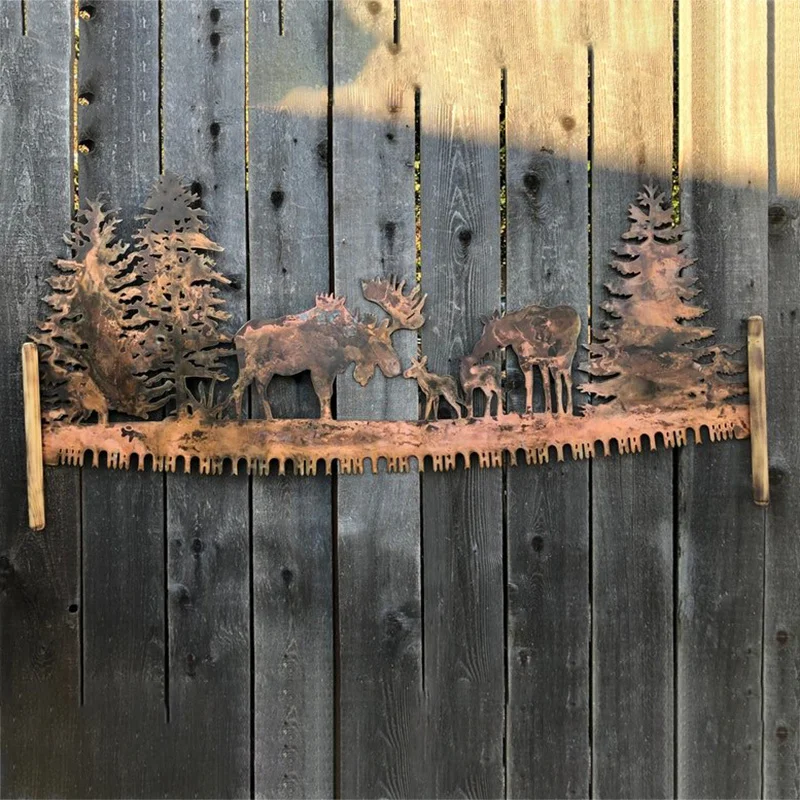 

Elk In Trees Crosscut Saw Metal Wall Art Ornament Personalized Decoration For Home Living Room Bedroom Decoration