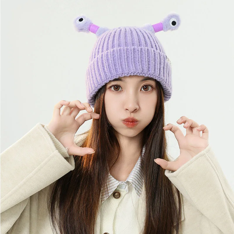 

Led Light Knitted Hat Women Men Funny Glowing Retractable Eye Caps Cartoon Antenna Tentacle Wool Bonnet Winter Warm Beanies Cap