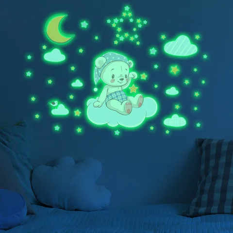 Karikatür Ayı Ay Bulut Aydınlık Duvar Sticker Baby Çocuk Odası Yatak Odası Dekorasyon Duvar Kağıdı Karanlık Ev Dekor Stickers