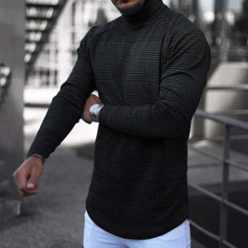 Fashion Tops Casual Knitted Jumper Plus Size Pull Homme Men Turtleneck Long Sleeve Hounds Tooth Printed Slim Sweater Pullover