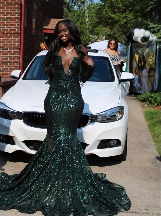 

Gorgeous Dark Green Sequins Prom dresses Deep V Neck Mermaid Women Formal Evening Gowns Senior Graduation Party Wear