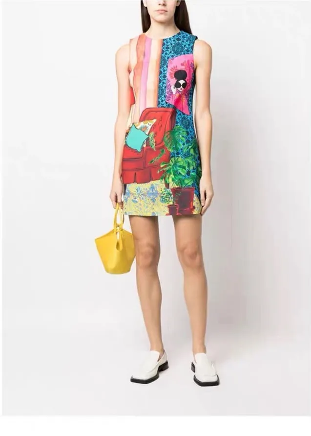 Women Patchwork Printed O-Neck Sleeveless Slim Mini Dress