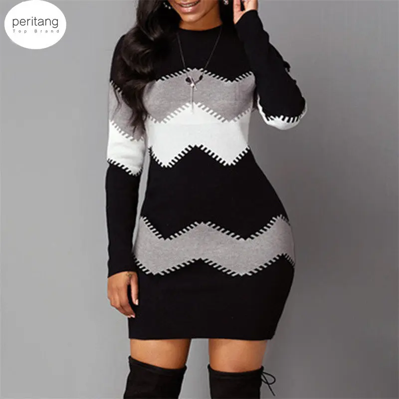 

Women Elegant Patchwork Long Sleeve Warm 2022 Autumn Winter Rib Knit Sweater Casual Turtleneck Pullover Mini Female robe Dress