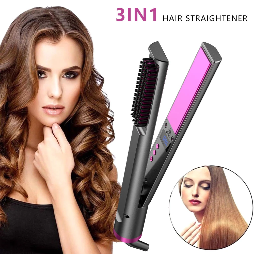 Straight Hair Curling Splint Dry&Wet Dual-use Negative Ion Straight Hair Comb 3-In-1 Fast Heating Hairdressing Perm Styling Tool