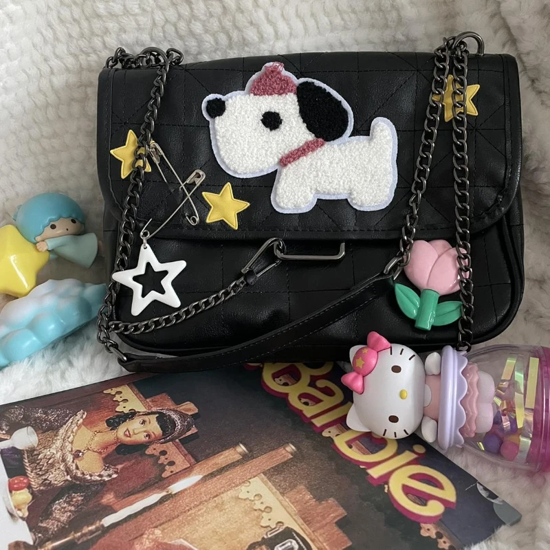 Xiuya Y2k Vintage Women Shoulder Bag Star Dog Printed Embroidery Chain Handbag Trend Fashion Luxury Designer Square Stray Bag