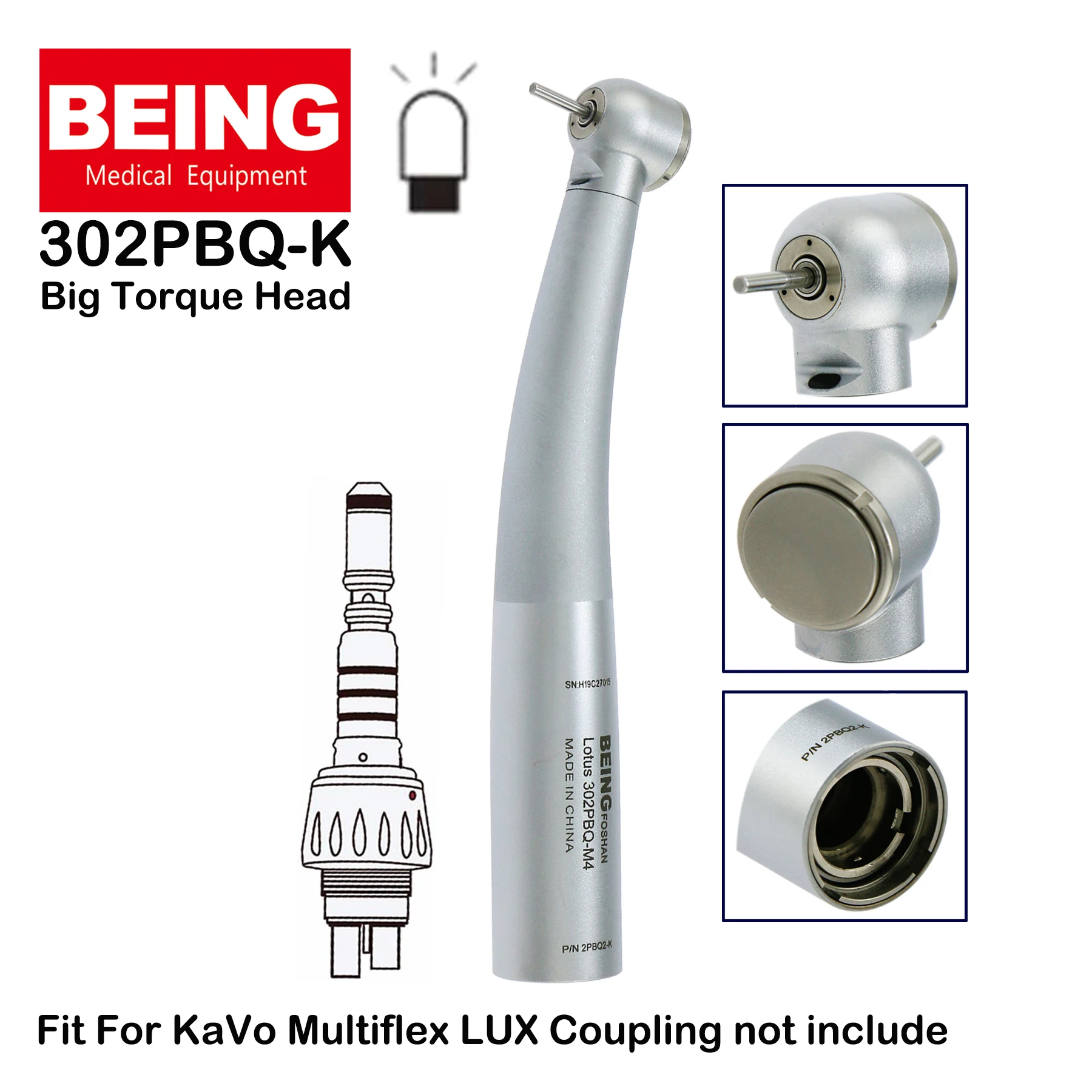 BEING Dental LED Fiber Optic High Speed Air Turbine Standard Head Handpiece 302PBQ-K Fit KAVO MULTIflex LUX Coupling 6Holes 6Pin