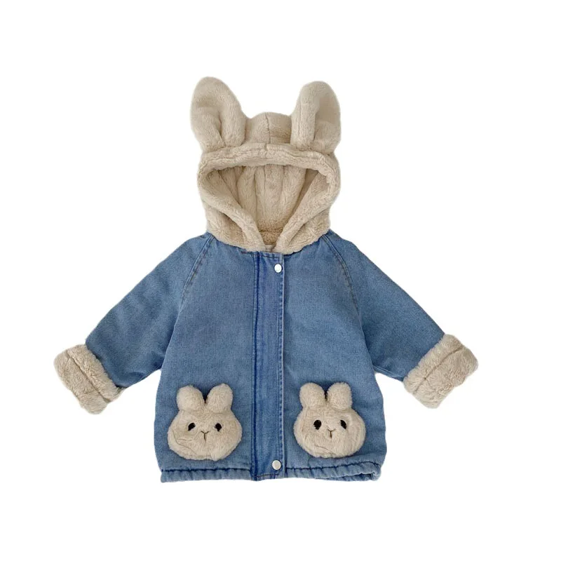 

2023 детская одежда с плюшевым кроликом для девочек, джинсовая куртка, детская одежда на осень и зиму, утепленный теплый милый топ для девочек