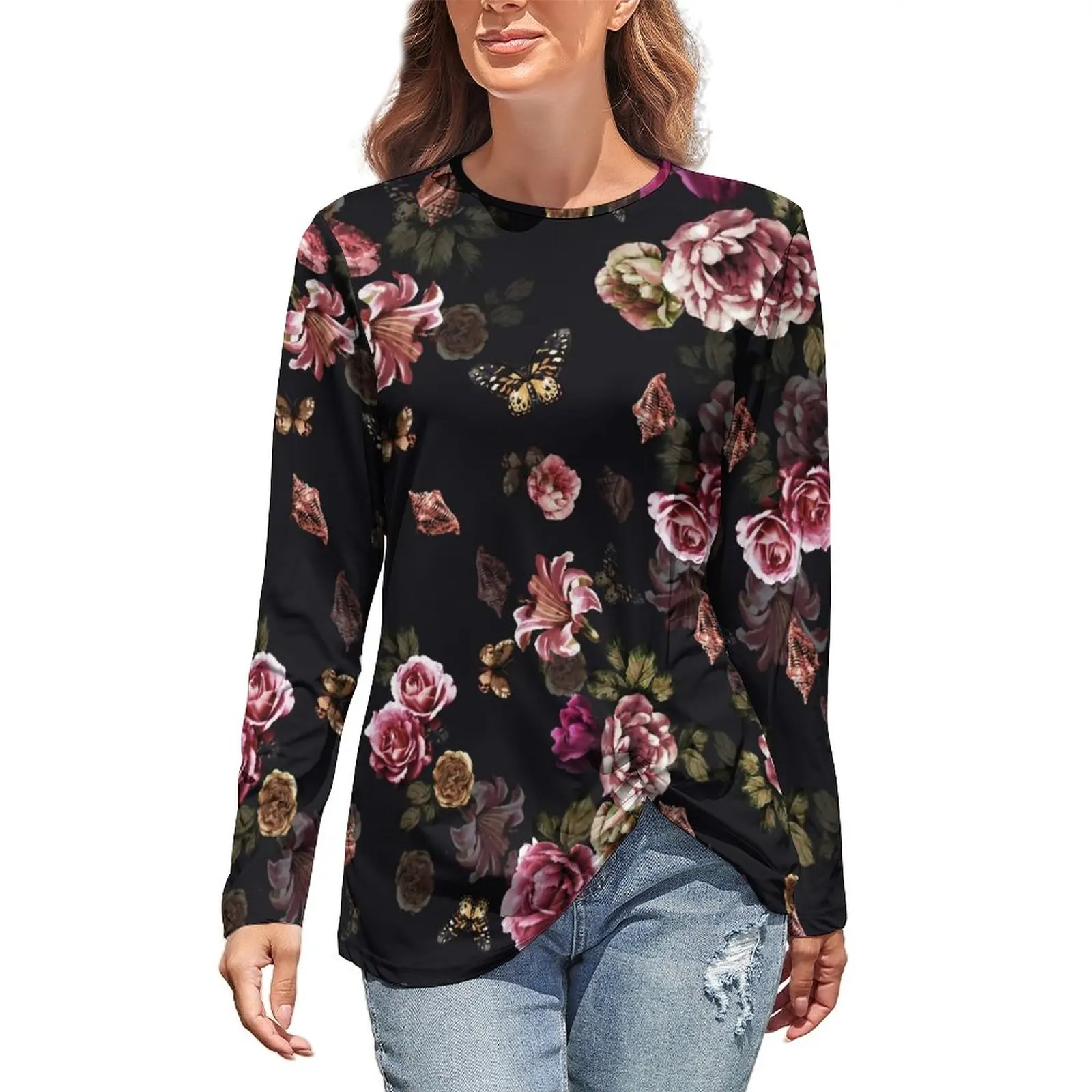 

Pretty Flower T Shirt Floral Print Street Style Long Sleeve T-Shirts Print Pretty Tee Shirt Woman Oversized Tees