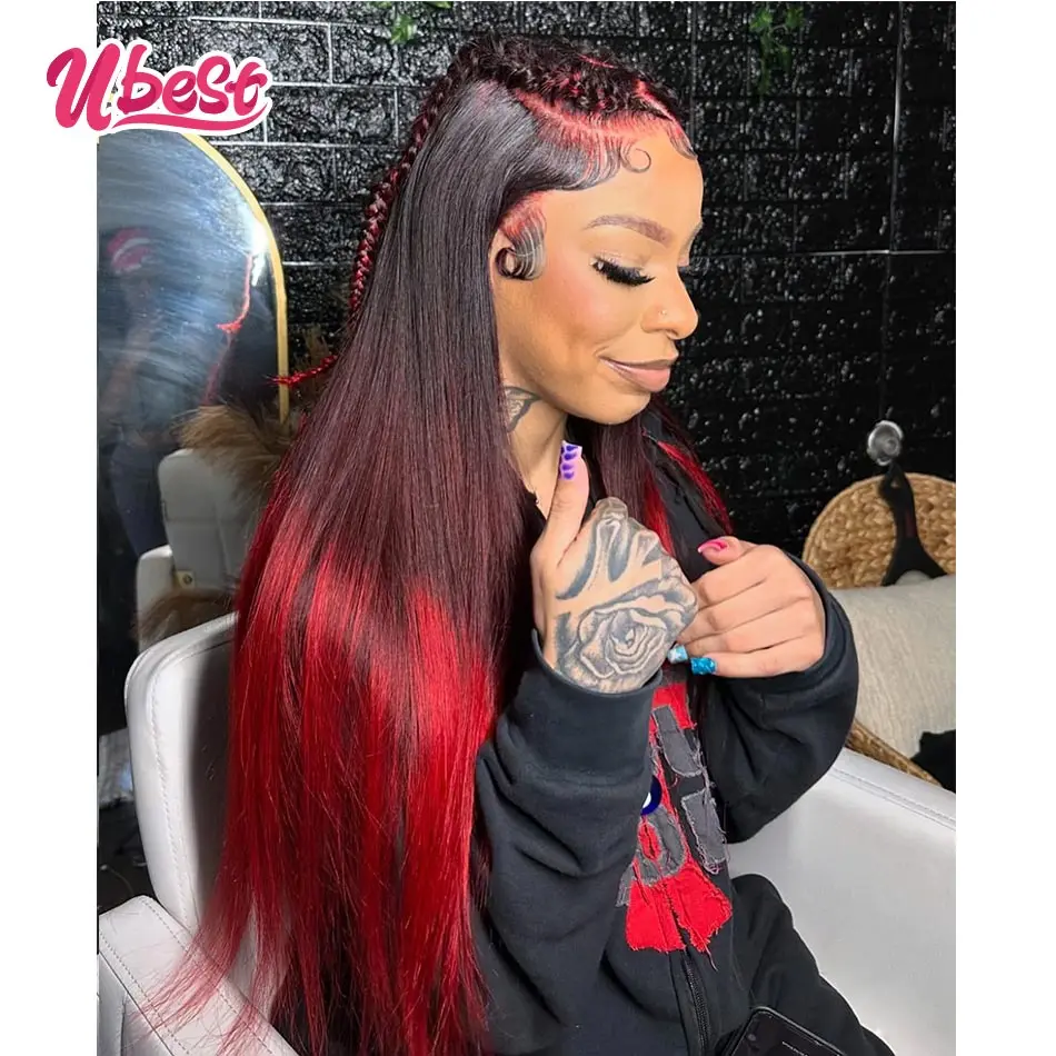 13X6 13X4 Прозрачный парик спереди прямой из 100% человеческих волос Ombre 1b красный цвет