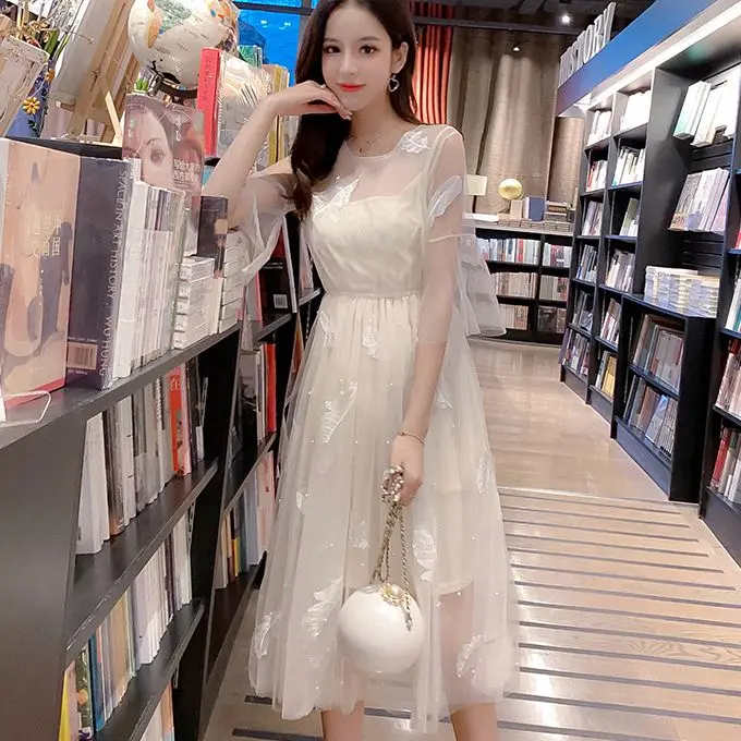 

Женское длинное платье с вышивкой, элегантное Сетчатое платье в Корейском стиле, винтажное пляжное платье для отдыха, S150, лето 2023