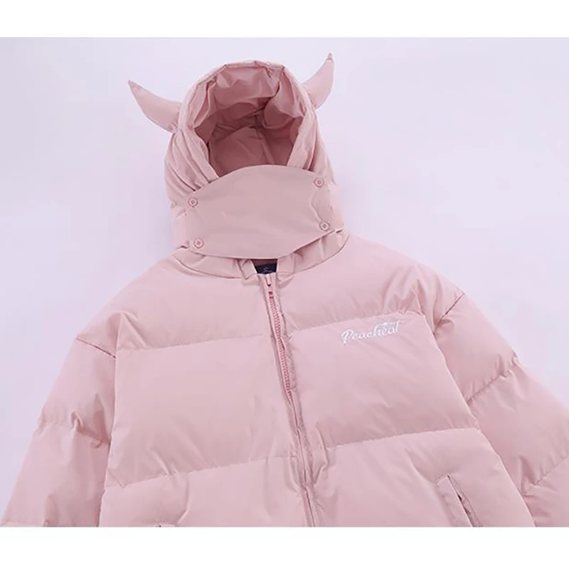 Hooded Parkas Men Winter Devil's Horn Solid Color Padded Jacket Women Loose Hip Hop Harajuku Puffer Bubble Outwear Coats 2022 images - 6