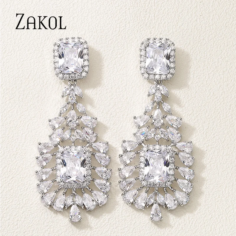 

ZAKOL New Vintage Square Cubic Zirconia Dangle Earrings for Women Luxury Big Female Bridal Wedding Party Jewelry EP1175