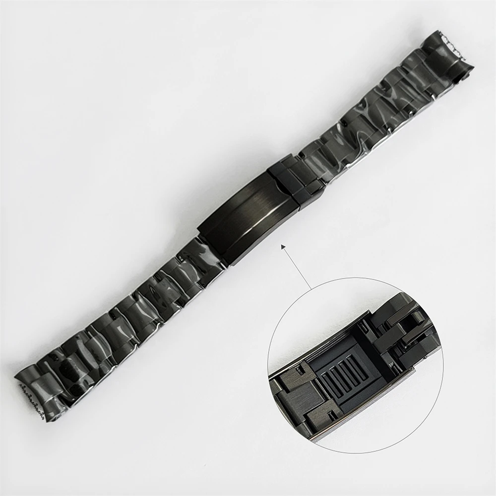 PVD Black 20MM Watch Band 316L Stainless Steel Pull Teeth Strap Replacement Men Watch Upgrade Parts Metal Watchband Wristband