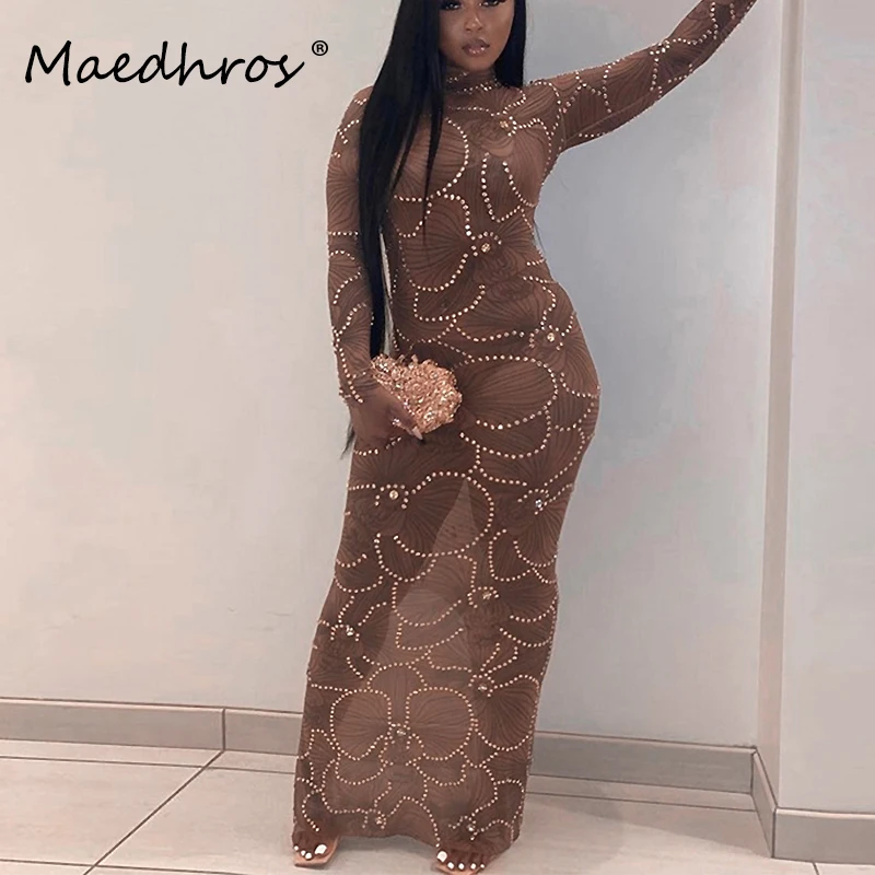 

Женское Прозрачное Платье макси с круглым вырезом и длинным рукавом