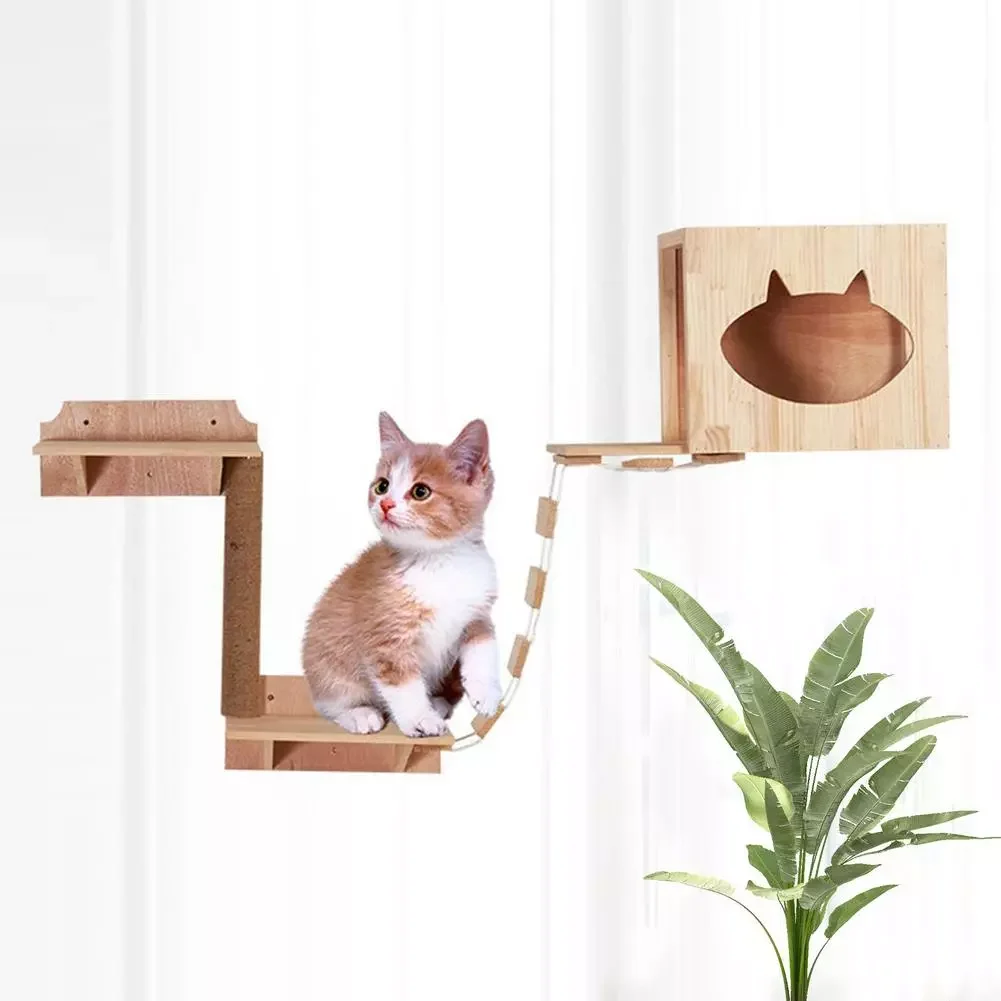 

Bridge Climbing Frame Wood Pet Furniture Kitten Wall Shelf Set Perch Pet Hammock Wall Mounted Durable Climbing Frame