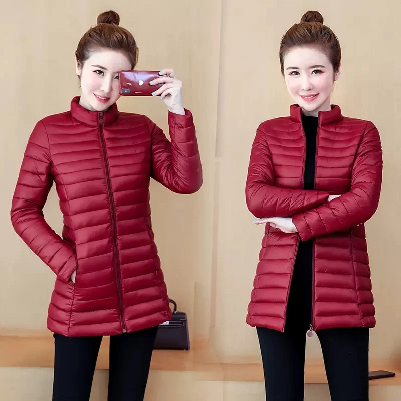 Autumn Winter Jacket Women 2022 New Solid Lightweight Down Coat Stand Collar Slim Female Clothing Mid Long Padded Parkas Tops