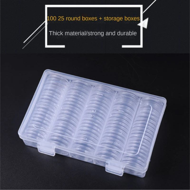 

100Pcs 25mm Round Boxes+storage Box Suitable for Coin Collection Box Plastic Round Box Protection Coin Storage Box