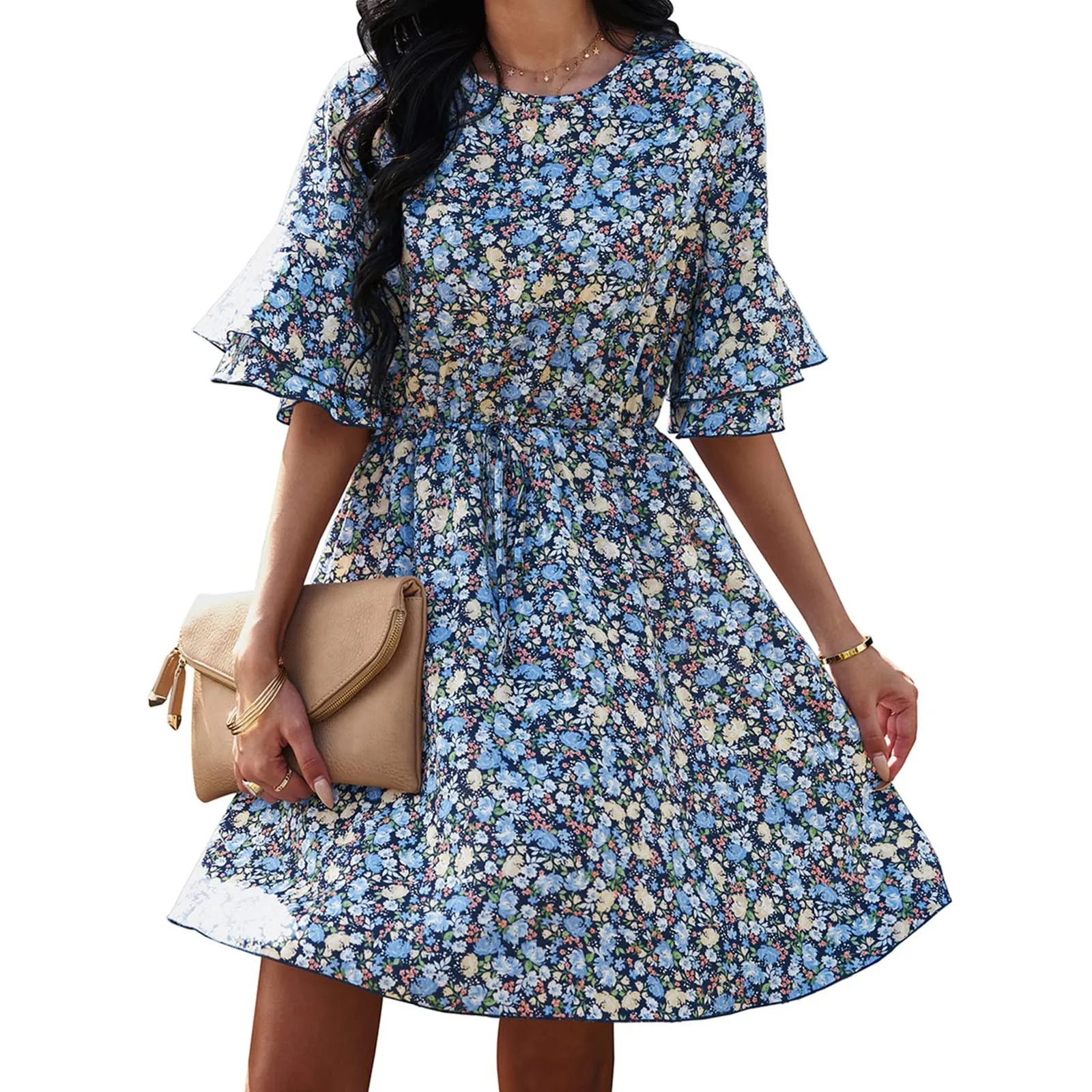 

Летнее платье в стиле бохо, женское мини-платье с цветочным принтом и вырезами на спине, с оборками, элегантное пляжное платье для отдыха