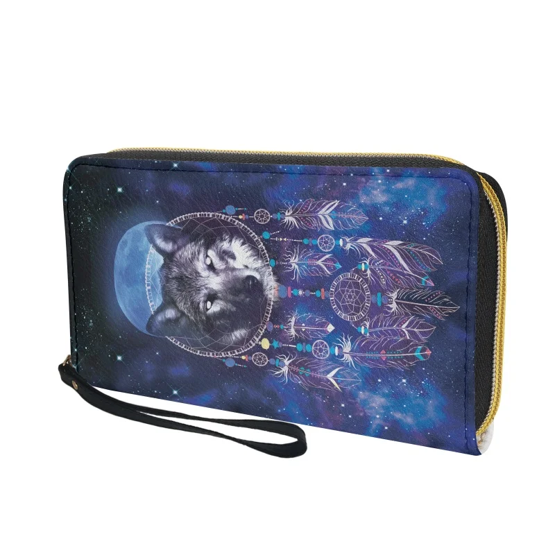 Belidome Dreamcatcher Wolf Brand Design Women Zip Around Organizer Wallet Leather Card Holder Clutch Long Purse Wristlet Handbag