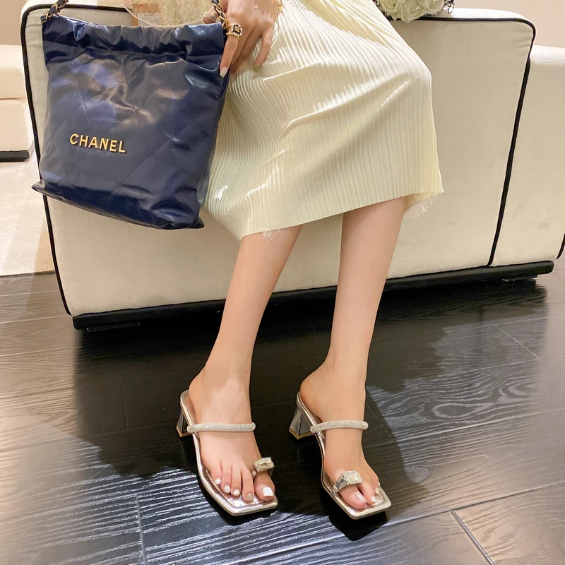 

Black White Silver Women Slippers Clip Toe Crystal Rhinestone Summer Dress Slides Mules Shoes Thick High Heels Casual Pumps 39