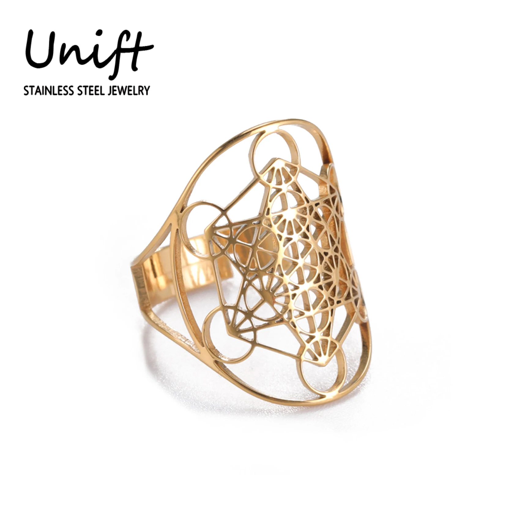 

Unift Vintage Metatron Cube Ring for Women Stainless Steel Rings Seal of Angel Yoga Lotus Amulet Jewish Jewelry Sacred Geometry