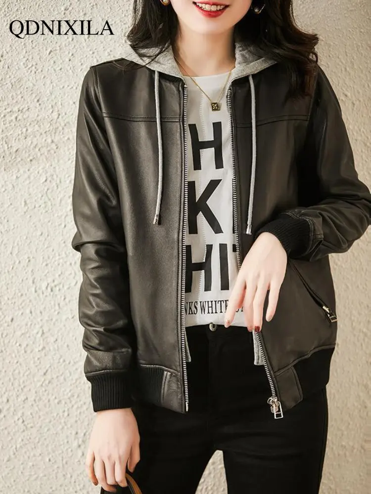 Women's Leather Jacket 2023 Spring Jacket Women New Outerwear  Korean Fashion Fake Two-piece Hooded Thickening Female Jacket